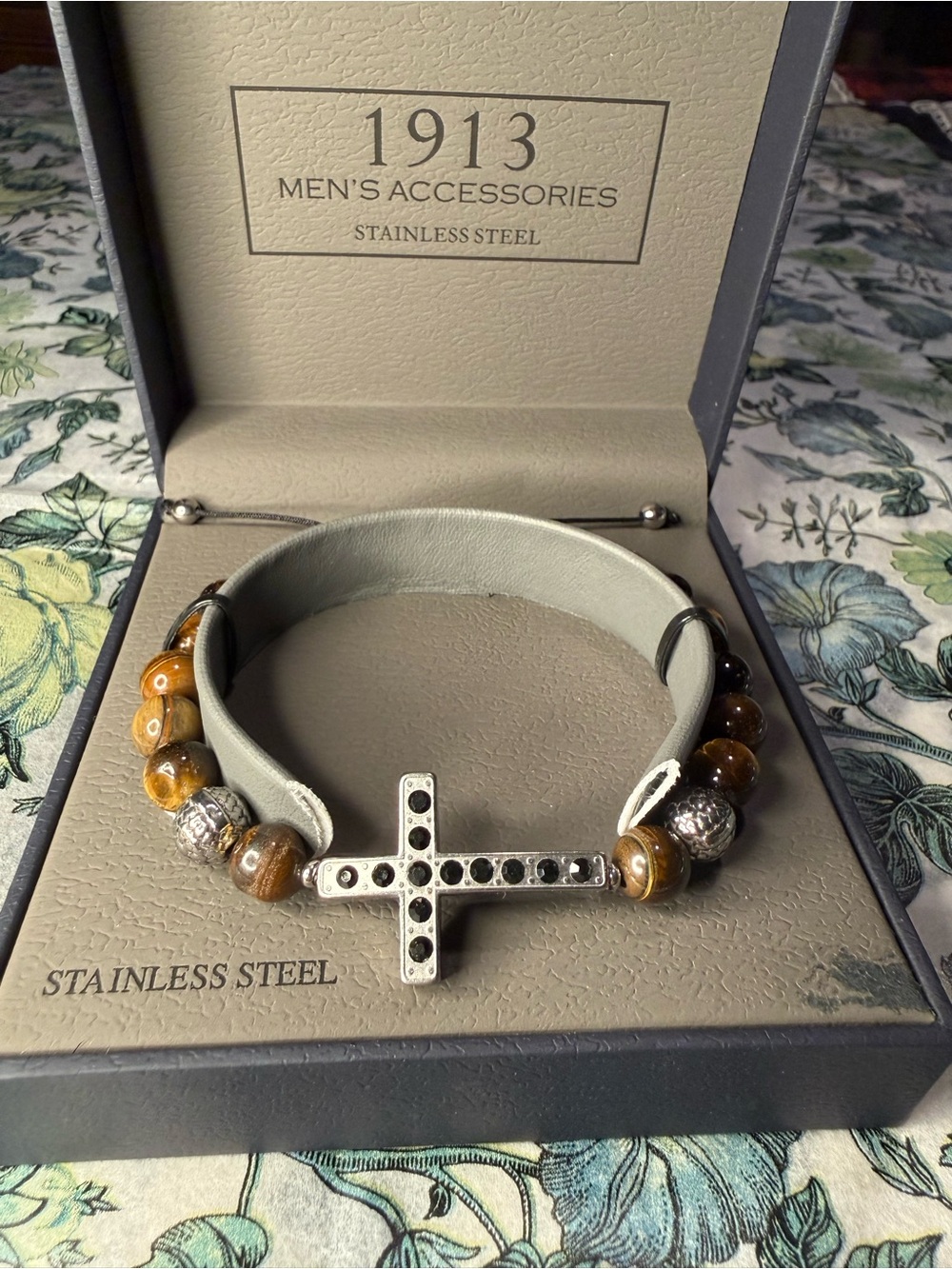 1913 Men’s Stainless Steel Crystal Cross & Tiger's Eye Bead Bracelet In Box